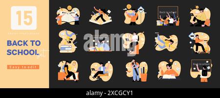 Vibrant Back to School Vector Illustrations. Perfect for Educational and Academic Themes, Featuring Students, Books, Laptops, and Classroom Activities Stock Vector