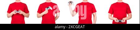 Man in red t-shirt holding video game joysticks gamepad on his palm isolated Stock Photo