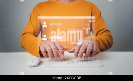 Man wearing an orange shirt chatting with a smart AI using an artificial intelligence chatbot developed by OpenAI, Chat bot concept, Artificial intell Stock Photo