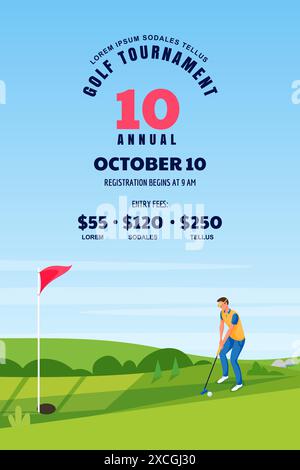 Golf tournament, poster, ticket or banner design template. Sports man playing golf, vector flat cartoon illustration. Green golf course, summer landsc Stock Vector