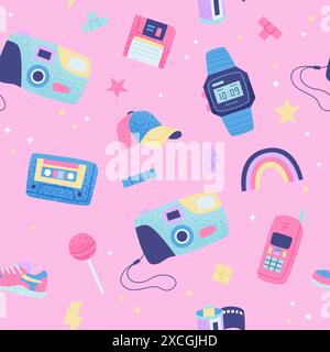 90s retro seamless pattern. Cute bright multicolor elements on pink background. Vector illustration in trendy flat style Stock Vector