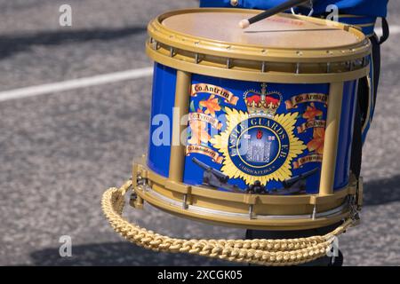 Side drum of Castle Guards Flute band from Carrickfergus - on parade on Saturday 8th June 2024 at the Orange Order Royal Landing parade. Stock Photo