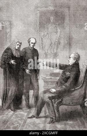 King William IV meeting Prime Minister Earl Grey and Lord Brougham after the rejection of the Second Reform Bill by the Upper House in October 1831. William IV, 1765 – 1837. King of the United Kingdom of Great Britain and Ireland and King of Hanover from 26 June 1830 - 1837.  Charles Grey, 2nd Earl Grey, 1764 – 1845, aka Viscount Howick. British Whig politician and Prime Minister of the United Kingdom.  Henry Peter Brougham, 1st Baron Brougham and Vaux, 1778 –1868. British statesman and Lord High Chancellor. From Cassell's Illustrated History of England. Stock Photo