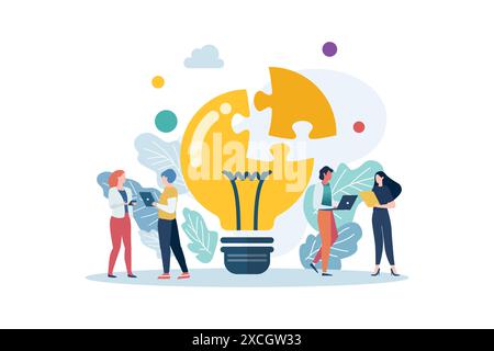 People with big lightbulb jigsaw puzzle. Creative idea concept. Vector illustration Stock Vector
