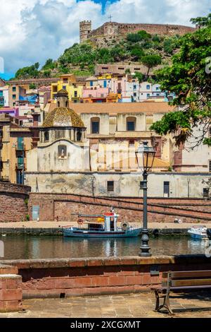 View of the old town of Bosa, the Temo river and the castle, Sardinia island, Italy Stock Photo