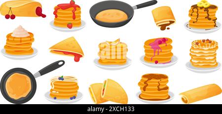 Pancakes set. Pancake in stack and on pan, sweet tasty homemade breakfast with toppings. Food with syrup, nuts, chocolate, berry, neoteric vector Stock Vector