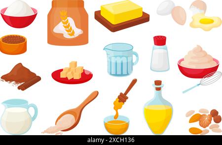 Cartoon baking ingredients. Flour pack, sugar in bowl, eggs and milk in glass jug. Butter cinnamon honey and oil. Cooking neoteric vector collection Stock Vector