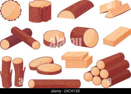 Cartoon wood logs. Timber stacks, tree cuts and stumps. Wooden processing industry, sawmill products. Plank and log neoteric vector clipart Stock Vector