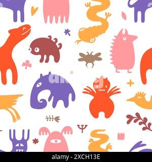 Surreal creatures seamless pattern. Imaginary characters and plants, fictional animals. Decorative fabric print, wrapping design, neoteric vector Stock Vector