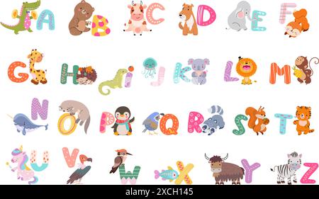 Zoo alphabet. Capital letters and cartoon animals. Lion giraffe otter hedgehog and raccoon. Cute unicorn tiger and squirrel. Childish nowaday vector Stock Vector