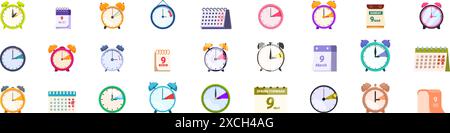 Spring forward icons set. Set of alarm clocks and calendars showing different times and dates of spring and summer for time management concept Stock Vector