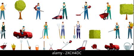 Lawn worker icons set. Gardeners mowing, trimming and watering plants, taking care of garden. Landscaping service workers using professional tools and equipment Stock Vector