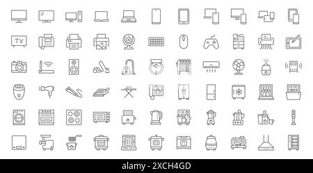 Household appliances line icon set. Computer monitor, web camera, keyboard, air conditioner, intercom, fridge, dishwasher outline vector illustration Stock Vector