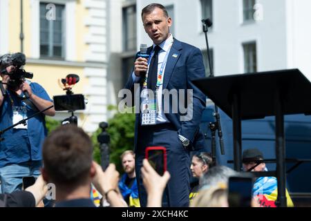 Munich, Germany. 17th June, 2024. Andriy Shevchenko, former soccer player and President of the Ukrainian Football Association (UAF), speaks at a rally on Wittelsbacherplatz. Credit: Sven Hoppe/dpa/Alamy Live News Stock Photo