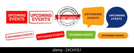 stamp and speech bubble upcoming event labels ticker for reminder information schedule Stock Vector