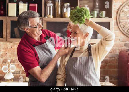 Senior Couple Having Fun While Cooking in the Kitchen Stock Photo