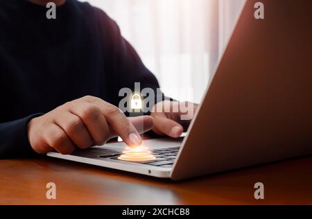 Cyber secure system technology, fingerprint scan, internet network security, privacy data protection concepts. Cybersecurity safety lock icon hologram Stock Photo