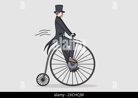 Man in tailcoat rides vintage penny farthing bicycle, imagining time travel to last century. Guy uses fancy bicycle while performing on circus stage to surprise audience who came to show. Stock Vector