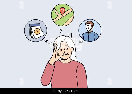 Alzheimer disease or dementia in old woman who forgets dates and faces or gets confused in space. Problem of alzheimer and lack of memory in elderly lady who does not take pills prescribed by doctor Stock Vector