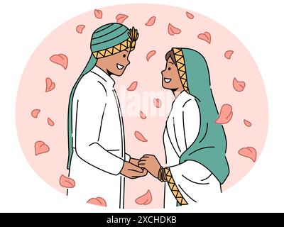 Smiling Arabic man and woman in traditional wedding costumes enjoy marriage ceremony. Happy bride and groom during cultural ethnic celebration. Vector illustration. Stock Vector