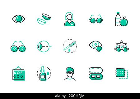 Eye examination by an ophthalmologist - set of line design style icons Stock Vector