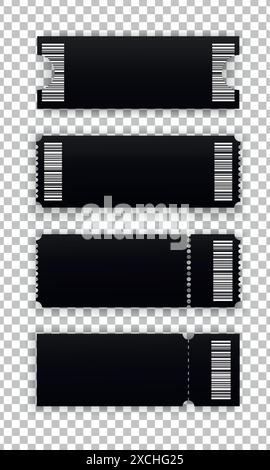 Abstract blank tickets template on transparent background. Ticket mockup in different shapes with barcode, front view. Realistic style. Vector illustr Stock Vector