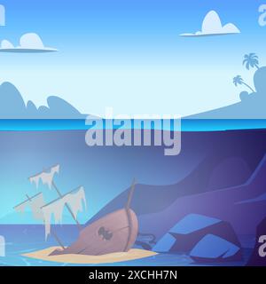 Sunken ship wreck old board from ship underwater vector sea or ocean landscape Stock Vector