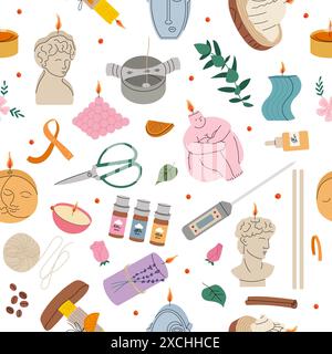 Aroma candles pattern tools for candles production decorative wax in various forms round pillars with fire seamless template Stock Vector