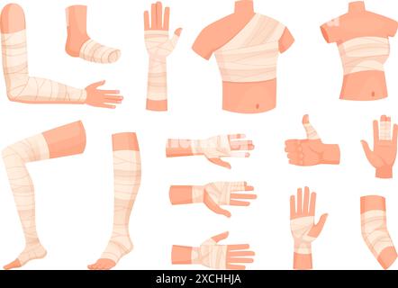 Bandaged body. Medical anatomy pictures of different human body legs and arms exact vector bandage illustration Stock Vector