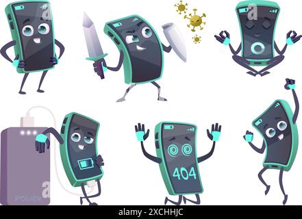 Smartphone character. Cute mascot cell phone gadget in action pose chatbot fight with viruses exact vector smartphone with different emotional faces Stock Vector
