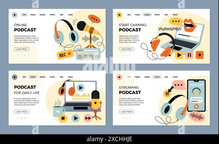 Podcast landing. Web page template with professional streaming or audio podcast items microphones laptop speakers recent vector pages with place for Stock Vector