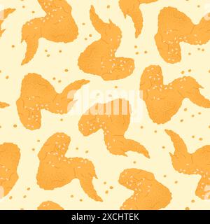 Chicken wings seamless pattern. Fried crispy tasty fast food meat with sesame. Cafe restaurant bar snack for drinks. Fabric or wrapping racy vector Stock Vector