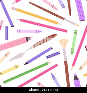 Pencil seamless pattern. Artist tools, painting knife and brushes. Colored pencils, art design print for textile, wrapping, web backdrop, racy vector Stock Vector