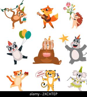 Birthday party animals. Festive monkey bear hippo and fox. Funny koala with garland, panda and hedgehog. Cat hold cake slice, classy vector clipart Stock Vector