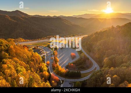 Large rest area on I-26 interstate freeway in North Carolina near Mars Hill for cars and trucks overnight parking. Recreational place during long Stock Photo