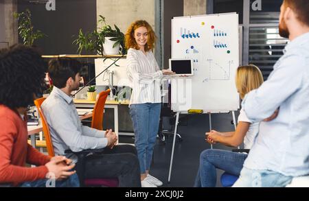 Confident Young Woman Leads Office Team Meeting at Start-Up Workspace Stock Photo