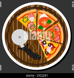 Illustration on theme big hot tasty pizza to pizzeria menu, Italian pizza consisting of various ingredients such as crispy baked dough, red tomato, Ge Stock Vector