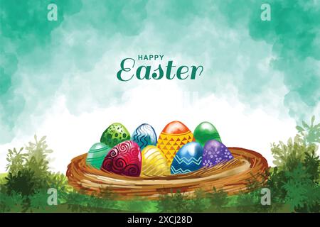 Happy easter colorful painted egg and rabbit ears card background Stock Vector