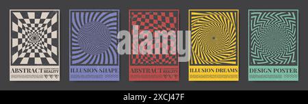 Optical illusion. Line type geometric posters. Creative form with abstract layout and Swiss typography. Surreal kaleidoscope. Brutalist cards. Checkered psychedelic design. Vector abstract banners set Stock Vector