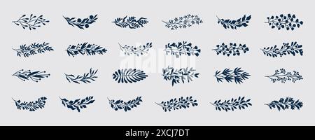 Leaf icons. Plant branch. Eucalyptus black silhouette twigs. Tree sprig and vine flowers for logo. Natural laurel stems. Botanical pattern. Palm foliage and olive bush. Vector floral flat symbols set Stock Vector