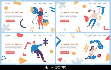 Creative process landing page. Business work brainstorm. Businessman finding innovative idea. Website design template. People with abstract shapes. Creativity challenge. Vector web backgrounds set Stock Vector