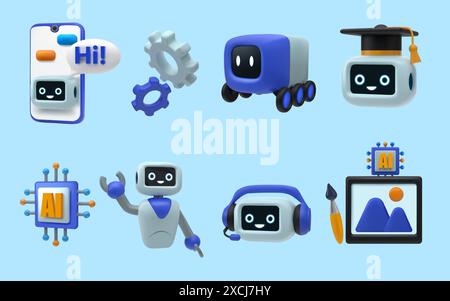 Chatbot robot. 3D android assistant. Mobile app. AI support character. Computer cogwheel gears and microchip hardware. Smart cyborg with artificial intelligence. GPT chat. Vector render elements set Stock Vector
