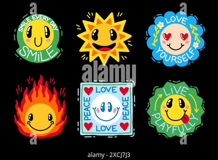 Cute stickers. Smile face stamp. Retro badge. Positive emoji. Cool cartoon label. Doodle emoticon. Groovy funny pop art. Love and peace. Y2K patch. Smiley in fire. Joy and happiness. Vector icons set Stock Vector