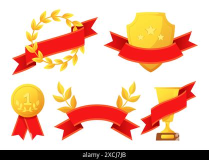 Winners award. Gold reward. First place badge. Golden shield. Laurel wreath. Metal goblet and plant branch with red ribbon. Competition victory. Success achievement. Vector premium champion icons set Stock Vector