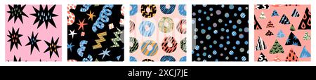 Abstract backgrounds. Cute modern shapes. Geometric collage. Doodle texture. Scribble sketch. Round and triangle flat figures. Geometry flower leaves. Color spirals. Vector art seamless patterns set Stock Vector