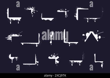 Stencil corners. Spray corner overlay squares, graffiti splatter borders paint concrete edging frame stain ink grunge texture brush painted frames effect vector illustration of stencil grunge abstract Stock Vector