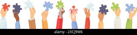Diversity hands with puzzle. Employer multi ethnic race hand holding jigsaw pieces, business company work cooperation corporate integration office team concept vector illustration of puzzle jigsaw Stock Vector
