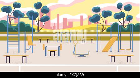 Workout park equipment. Outdoor street gym sporting exercise machines, outside empty sport playground in nature, city fitness bars training area ground classy vector illustration Stock Vector