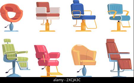 Barber chairs. Barbershop salon isolated chair or massage armchairs for hairdresser modern interior, hairdressing barbering shop studio cartoon icons classy vector illustration of chair barbershop Stock Vector