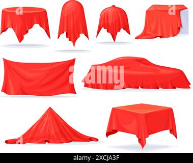 Red silk cover. Reveal curtain mysterious hidden object, velvet fabric secret product unveil hide award surprise under blanket cloth table or box, covered neat vector illustration Stock Vector